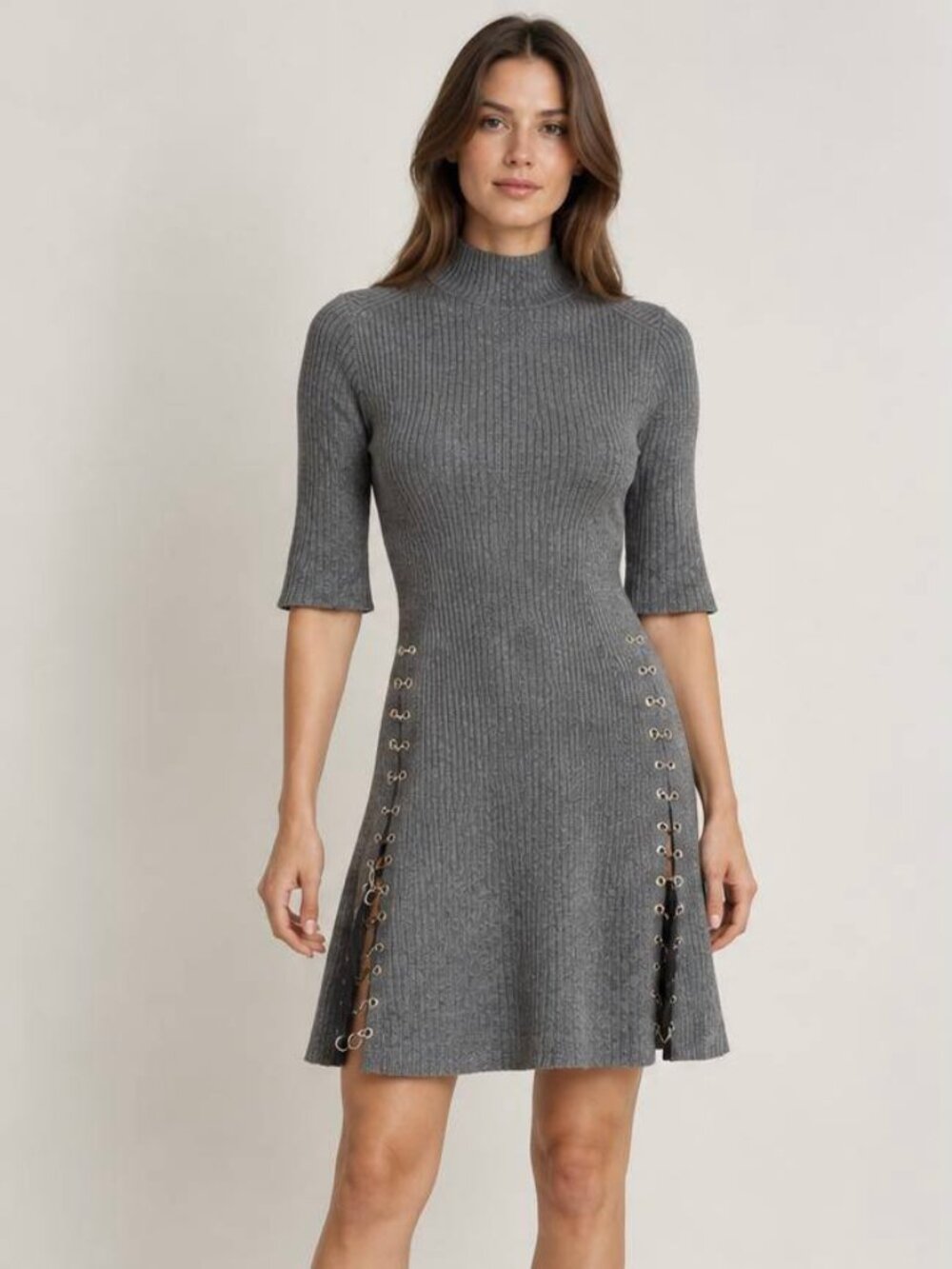 Maje Grey Ribbed Stretch-Knit Midi Dress FR 36